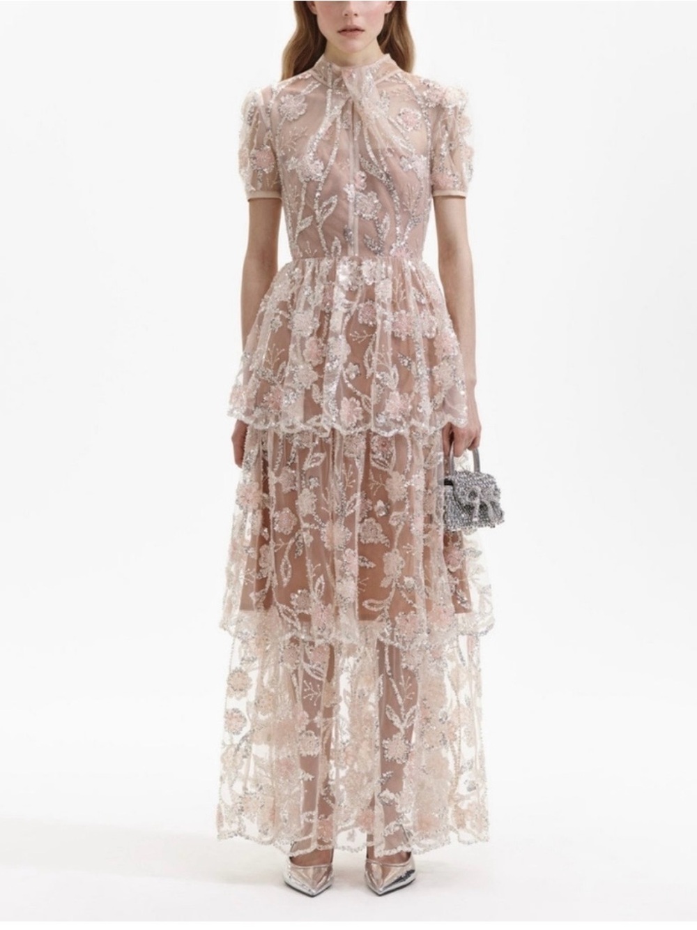 Self-Portrait Blush Embroidered Tiered Maxi Dress Size US8, UK 12